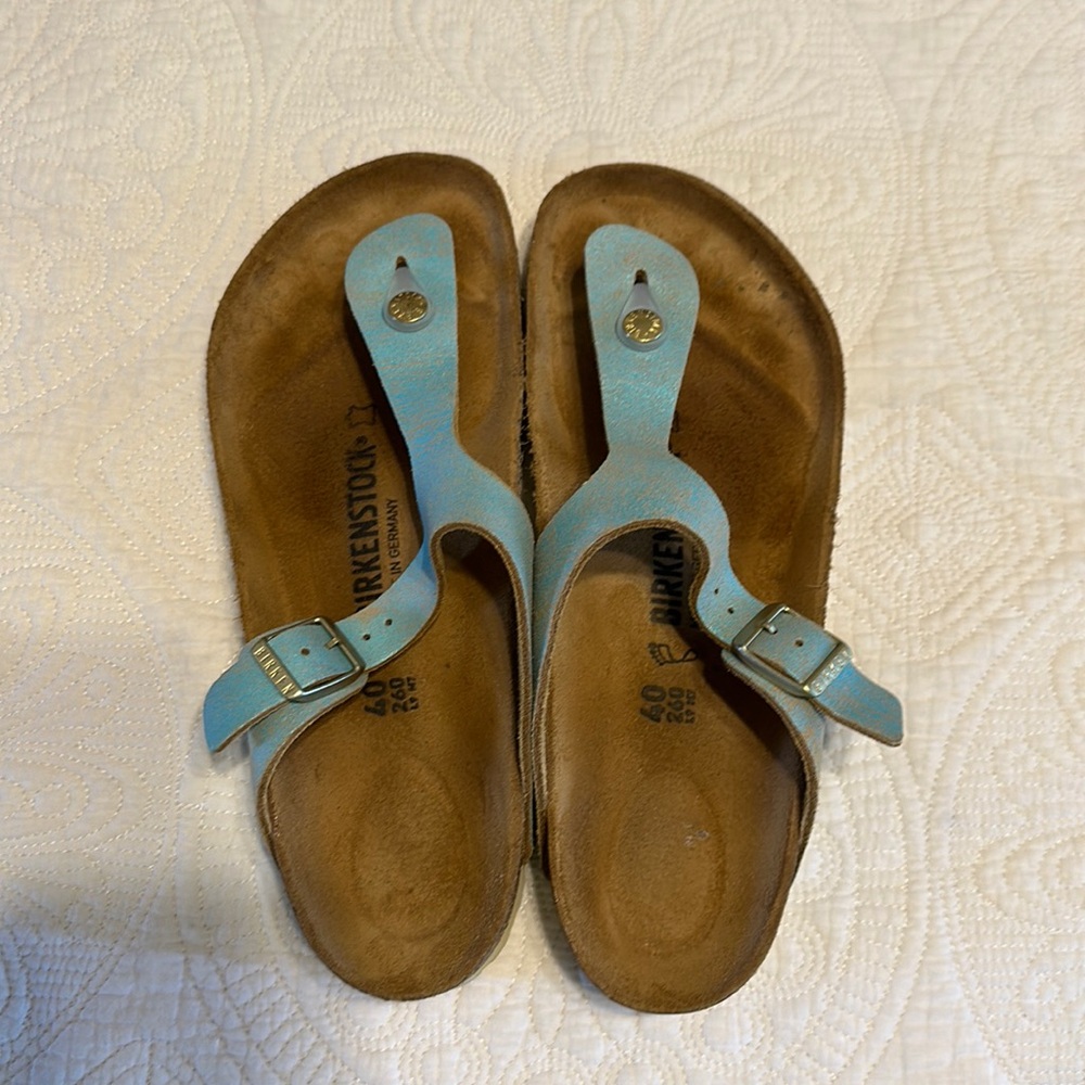 Birkenstock Gizah Sandal Washed Metallic Aqua Leather Rubber Sole Slip On 40(9)